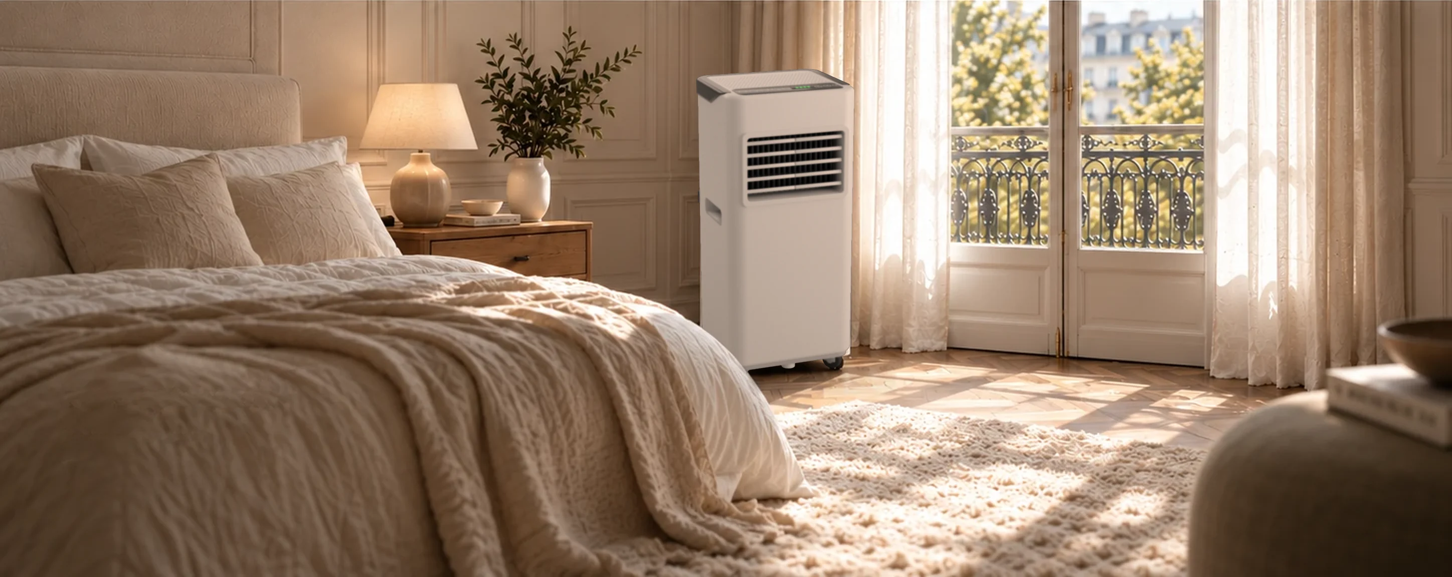 Climatiseur mobile Product 05 près des portes-fenêtres d’une chambre parisienne ensoleillée