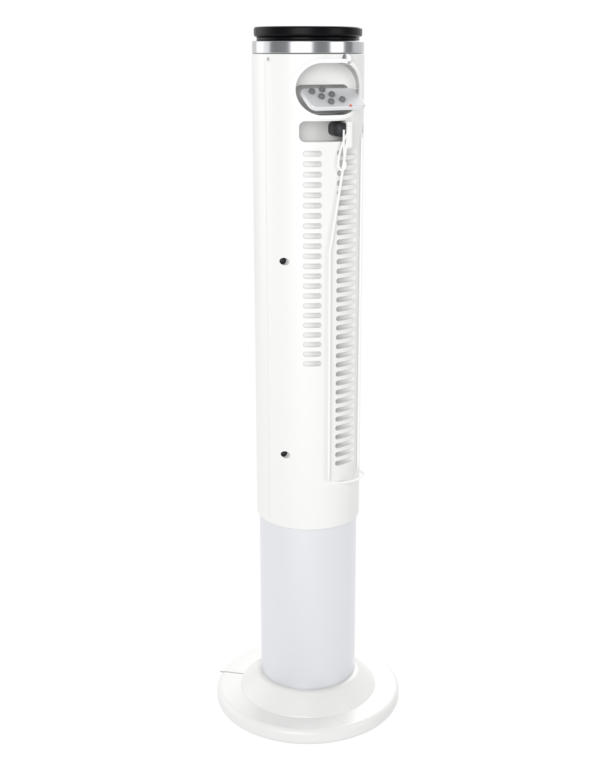 Produit 04, ventilateur colonne blanc, vue trois-quarts arrière avec rangement de la télécommande