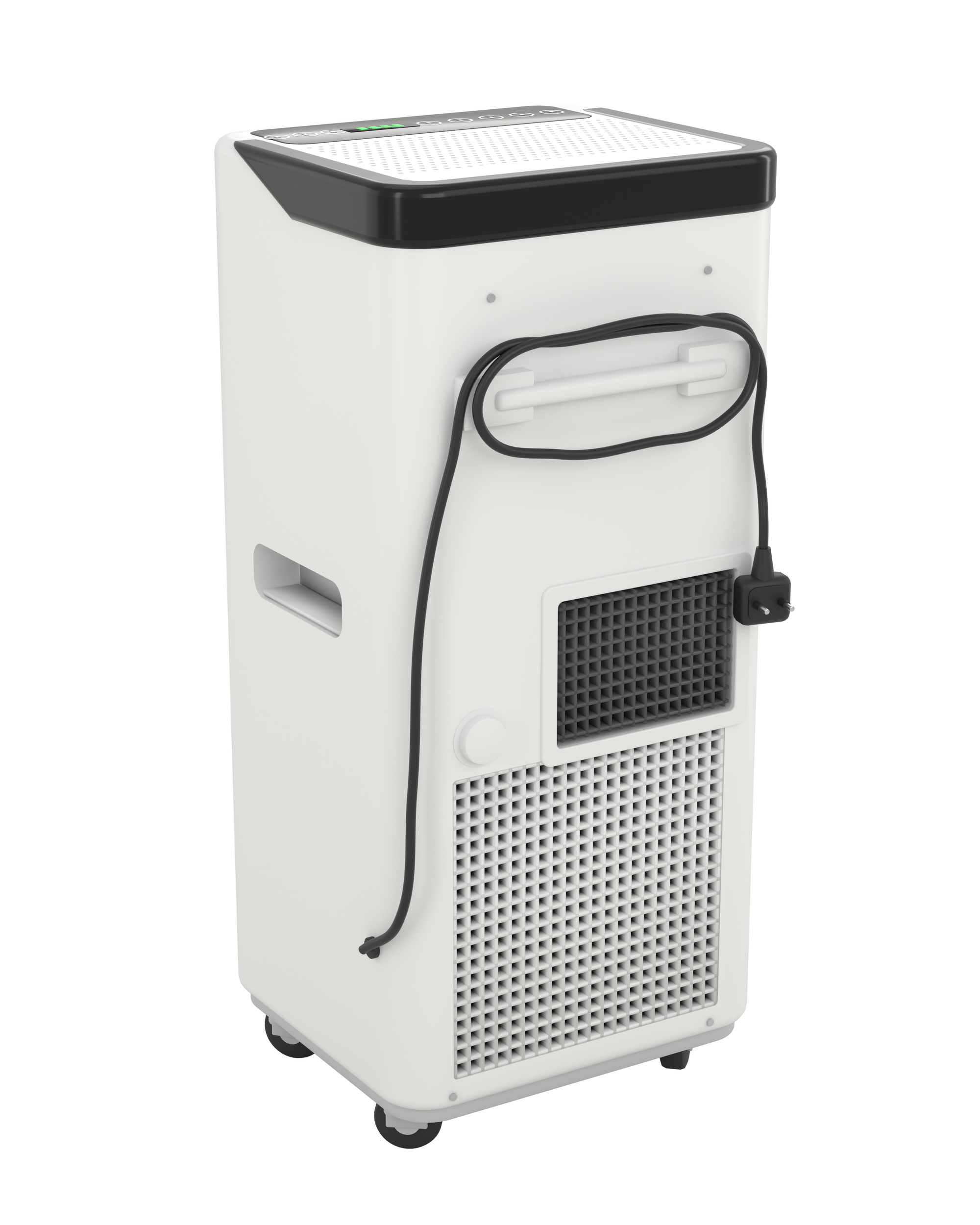 Produit 05, climatiseur mobile, vue trois-quarts arrière avec cordon d’alimentation et grille arrière